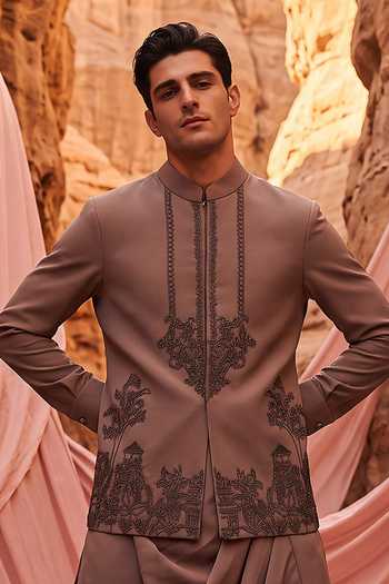 Amit Arora Brown Knit Embroidered Waistcoat And Kurta Set Online at Aza Fashions Amit Arora_Brown Knit Embroidered Waistcoat And Kurta Set _Online_at_Aza_Fashions