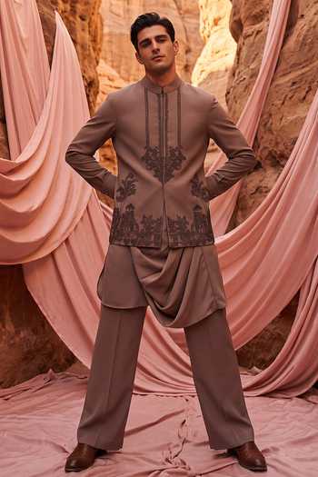 Buy Amit Arora Brown Knit Embroidered Waistcoat And Kurta Set Online at Aza Fashions Buy_Amit Arora_Brown Knit Embroidered Waistcoat And Kurta Set _Online_at_Aza_Fashions