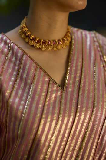 Shop Sarang Kaur Pink Chanderi, Silk, Organza V-neck Hand Embroidered Kurta Set Shop_Sarang Kaur_Pink Chanderi, Silk, Organza V-neck Hand Embroidered Kurta Set