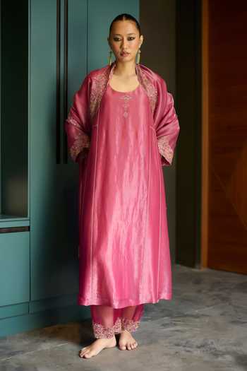 Sarang Kaur Pink Silk, Tissue, Organza Scoop Neck Hand Embroidered Kurta Set Online at Aza Fashions Sarang Kaur_Pink Silk, Tissue, Organza Scoop Neck Hand Embroidered Kurta Set _Online_at_Aza_Fashions