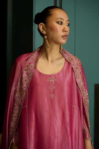 Shop Sarang Kaur Pink Silk, Tissue, Organza Scoop Neck Hand Embroidered Kurta Set Online at Aza Fashions Shop_Sarang Kaur_Pink Silk, Tissue, Organza Scoop Neck Hand Embroidered Kurta Set _Online_at_Aza_Fashions