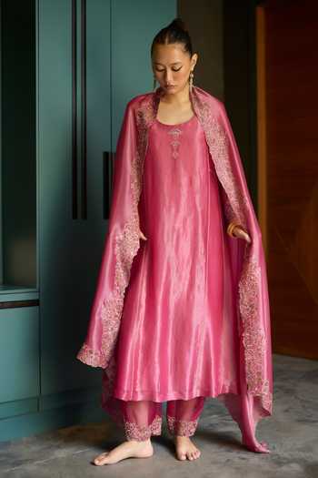Sarang Kaur Pink Silk, Tissue, Organza Scoop Neck Hand Embroidered Kurta Set at Aza Fashions Sarang Kaur_Pink Silk, Tissue, Organza Scoop Neck Hand Embroidered Kurta Set _at_Aza_Fashions