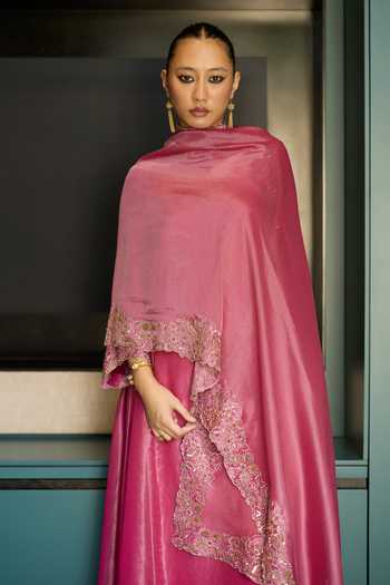 Shop Sarang Kaur Pink Silk, Tissue, Organza Scoop Neck Hand Embroidered Kurta Set Shop_Sarang Kaur_Pink Silk, Tissue, Organza Scoop Neck Hand Embroidered Kurta Set