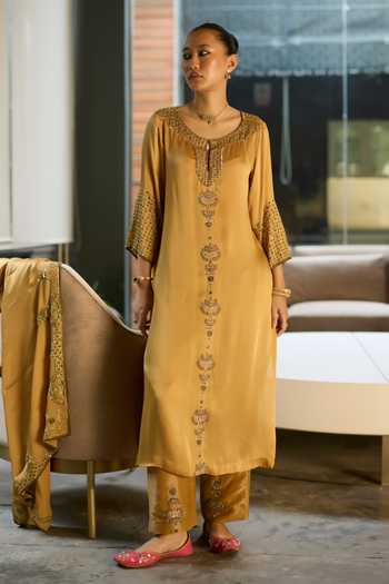 Sarang Kaur Yellow Silk, Satin, Tissue Keyhole Neck, Yes Hand Embroidered Kurta Set Online at Aza Fashions Sarang Kaur_Yellow Silk, Satin, Tissue Keyhole Neck, Yes Hand Embroidered Kurta Set _Online_at_Aza_Fashions