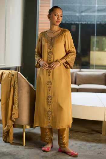 Buy Sarang Kaur Yellow Silk, Satin, Tissue Keyhole Neck, Yes Hand Embroidered Kurta Set Online at Aza Fashions Buy_Sarang Kaur_Yellow Silk, Satin, Tissue Keyhole Neck, Yes Hand Embroidered Kurta Set _Online_at_Aza_Fashions