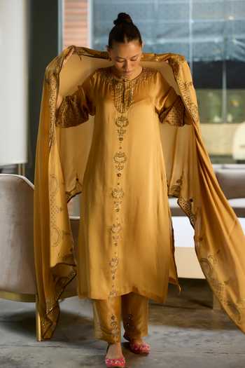 Shop Sarang Kaur Yellow Silk, Satin, Tissue Keyhole Neck, Yes Hand Embroidered Kurta Set Online at Aza Fashions Shop_Sarang Kaur_Yellow Silk, Satin, Tissue Keyhole Neck, Yes Hand Embroidered Kurta Set _Online_at_Aza_Fashions