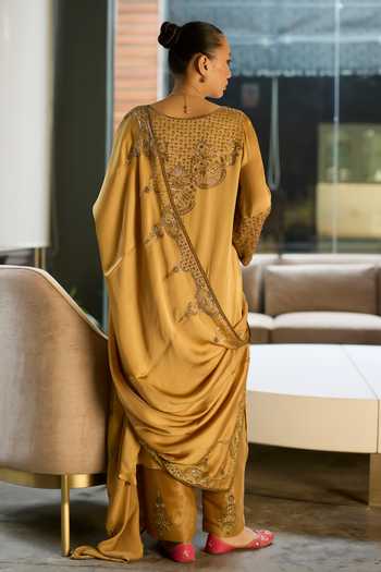 Sarang Kaur Yellow Silk, Satin, Tissue Keyhole Neck, Yes Hand Embroidered Kurta Set at Aza Fashions Sarang Kaur_Yellow Silk, Satin, Tissue Keyhole Neck, Yes Hand Embroidered Kurta Set _at_Aza_Fashions