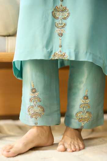 Sarang Kaur Blue Silk, Satin, Tissue Round Neck, Yes Hand Embroidered Kurta Set Online at Aza Fashions Sarang Kaur_Blue Silk, Satin, Tissue Round Neck, Yes Hand Embroidered Kurta Set _Online_at_Aza_Fashions