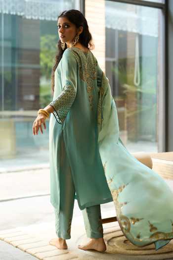 Buy Sarang Kaur Blue Silk, Satin, Tissue Round Neck, Yes Hand Embroidered Kurta Set Online at Aza Fashions Buy_Sarang Kaur_Blue Silk, Satin, Tissue Round Neck, Yes Hand Embroidered Kurta Set _Online_at_Aza_Fashions