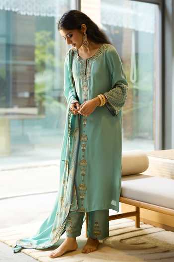 Shop Sarang Kaur Blue Silk, Satin, Tissue Round Neck, Yes Hand Embroidered Kurta Set Online at Aza Fashions Shop_Sarang Kaur_Blue Silk, Satin, Tissue Round Neck, Yes Hand Embroidered Kurta Set _Online_at_Aza_Fashions