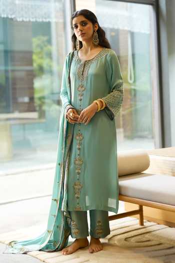 Sarang Kaur Blue Silk, Satin, Tissue Round Neck, Yes Hand Embroidered Kurta Set at Aza Fashions Sarang Kaur_Blue Silk, Satin, Tissue Round Neck, Yes Hand Embroidered Kurta Set _at_Aza_Fashions