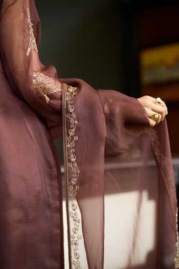 Buy Sarang Kaur Brown Silk, Organza, Chanderi Round Neck, Yes Sukhali Kurta Pant Set Online at Aza Fashions Buy_Sarang Kaur_Brown Silk, Organza, Chanderi Round Neck, Yes Sukhali Kurta Pant Set _Online_at_Aza_Fashions