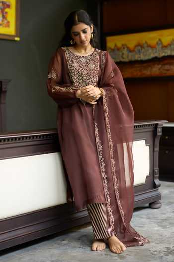 Shop Sarang Kaur Brown Silk, Organza, Chanderi Round Neck, Yes Sukhali Kurta Pant Set Online at Aza Fashions Shop_Sarang Kaur_Brown Silk, Organza, Chanderi Round Neck, Yes Sukhali Kurta Pant Set _Online_at_Aza_Fashions