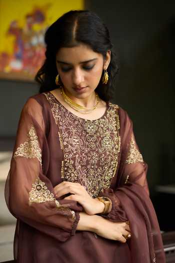 Buy Sarang Kaur Brown Silk, Organza, Chanderi Round Neck, Yes Sukhali Kurta Pant Set Buy_Sarang Kaur_Brown Silk, Organza, Chanderi Round Neck, Yes Sukhali Kurta Pant Set