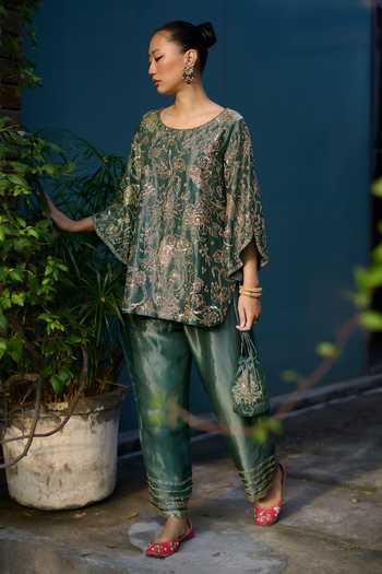 Buy Sarang Kaur Green Silk, Tissue Embroidery Round Neck Hand Kurta And Pant Set Online at Aza Fashions Buy_Sarang Kaur_Green Silk, Tissue Embroidery Round Neck Hand Kurta And Pant Set _Online_at_Aza_Fashions