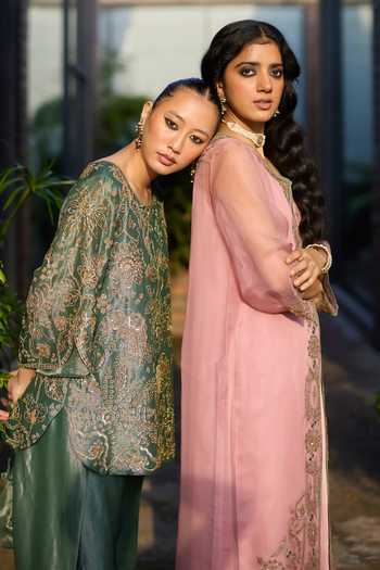 Shop Sarang Kaur Green Silk, Tissue Embroidery Round Neck Hand Kurta And Pant Set Online at Aza Fashions Shop_Sarang Kaur_Green Silk, Tissue Embroidery Round Neck Hand Kurta And Pant Set _Online_at_Aza_Fashions