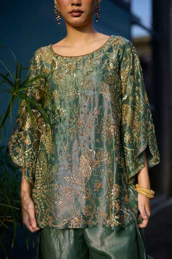 Buy Sarang Kaur Green Silk, Tissue Embroidery Round Neck Hand Kurta And Pant Set Buy_Sarang Kaur_Green Silk, Tissue Embroidery Round Neck Hand Kurta And Pant Set