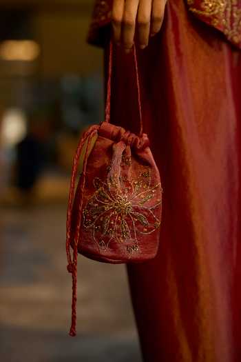 Sarang Kaur Red Silk, Tissue Embroidery Round Neck, Yes Hand Kurta With Pant Online at Aza Fashions Sarang Kaur_Red Silk, Tissue Embroidery Round Neck, Yes Hand Kurta With Pant _Online_at_Aza_Fashions