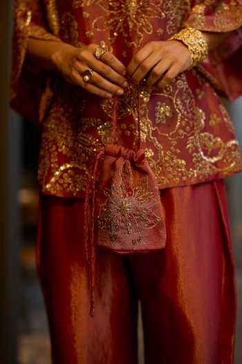 Buy Sarang Kaur Red Silk, Tissue Embroidery Round Neck, Yes Hand Kurta With Pant Online at Aza Fashions Buy_Sarang Kaur_Red Silk, Tissue Embroidery Round Neck, Yes Hand Kurta With Pant _Online_at_Aza_Fashions