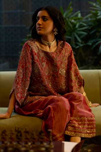 Shop Sarang Kaur Red Silk, Tissue Embroidery Round Neck, Yes Hand Kurta With Pant Online at Aza Fashions Shop_Sarang Kaur_Red Silk, Tissue Embroidery Round Neck, Yes Hand Kurta With Pant _Online_at_Aza_Fashions