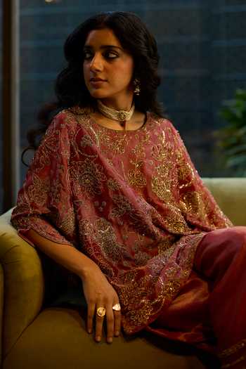 Buy Sarang Kaur Red Silk, Tissue Embroidery Round Neck, Yes Hand Kurta With Pant Buy_Sarang Kaur_Red Silk, Tissue Embroidery Round Neck, Yes Hand Kurta With Pant