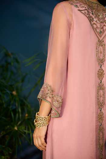 Sarang Kaur Pink Organza, Silk, Satin Round Neck Rawani Embroidered Jacket And Pant Set Online at Aza Fashions Sarang Kaur_Pink Organza, Silk, Satin Round Neck Rawani Embroidered Jacket And Pant Set _Online_at_Aza_Fashions