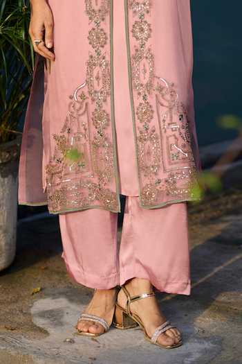 Buy Sarang Kaur Pink Organza, Silk, Satin Round Neck Rawani Embroidered Jacket And Pant Set Online at Aza Fashions Buy_Sarang Kaur_Pink Organza, Silk, Satin Round Neck Rawani Embroidered Jacket And Pant Set _Online_at_Aza_Fashions