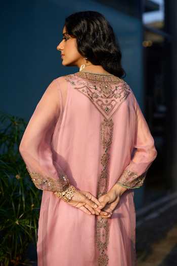 Shop Sarang Kaur Pink Organza, Silk, Satin Round Neck Rawani Embroidered Jacket And Pant Set Online at Aza Fashions Shop_Sarang Kaur_Pink Organza, Silk, Satin Round Neck Rawani Embroidered Jacket And Pant Set _Online_at_Aza_Fashions