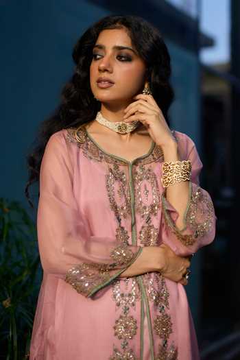 Sarang Kaur Pink Organza, Silk, Satin Round Neck Rawani Embroidered Jacket And Pant Set at Aza Fashions Sarang Kaur_Pink Organza, Silk, Satin Round Neck Rawani Embroidered Jacket And Pant Set _at_Aza_Fashions