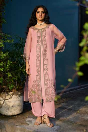 Sarang Kaur Pink Rawani Embroidered Jacket & Pant Set 
