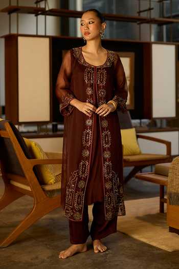 Sarang Kaur Brown Embroidered Jacket & Pant Set 