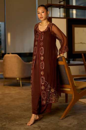 Buy Sarang Kaur Brown Silk, Organza, Satin Round Neck Embroidered Jacket And Pant Set Online at Aza Fashions Buy_Sarang Kaur_Brown Silk, Organza, Satin Round Neck Embroidered Jacket And Pant Set _Online_at_Aza_Fashions