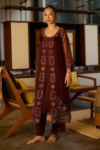 Shop Sarang Kaur Brown Silk, Organza, Satin Round Neck Embroidered Jacket And Pant Set Online at Aza Fashions Shop_Sarang Kaur_Brown Silk, Organza, Satin Round Neck Embroidered Jacket And Pant Set _Online_at_Aza_Fashions