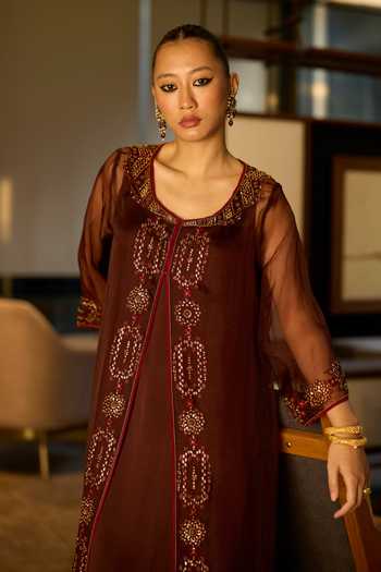 Buy Sarang Kaur Brown Silk, Organza, Satin Round Neck Embroidered Jacket And Pant Set Buy_Sarang Kaur_Brown Silk, Organza, Satin Round Neck Embroidered Jacket And Pant Set