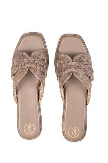 Preet Kaur Taupe Lace Embellished Flats 