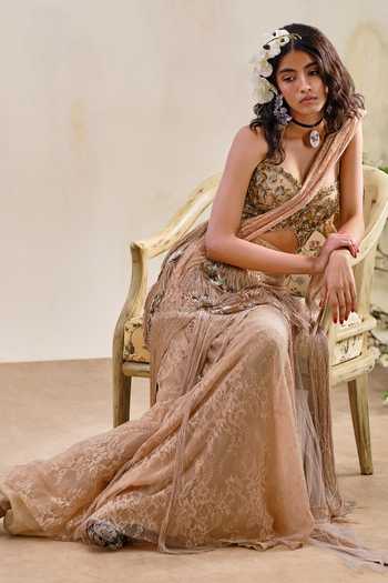 Buy Shehlaa Khan Gold Lace Sweetheart Neck Embellished Pre-draped Saree With Blouse Online at Aza Fashions Buy_Shehlaa Khan_Gold Lace Sweetheart Neck Embellished Pre-draped Saree With Blouse _Online_at_Aza_Fashions
