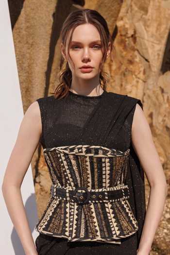 Nikita Mhaisalkar_Black Georgette Sequins High Neck Bodysuit And Draped Pant Set _Online_at_Aza_Fashions