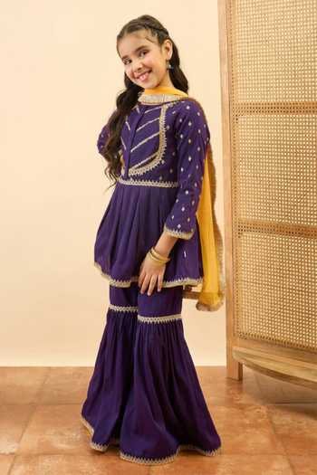 StyloBug Embroidered Flared Kurta Sharara Set 