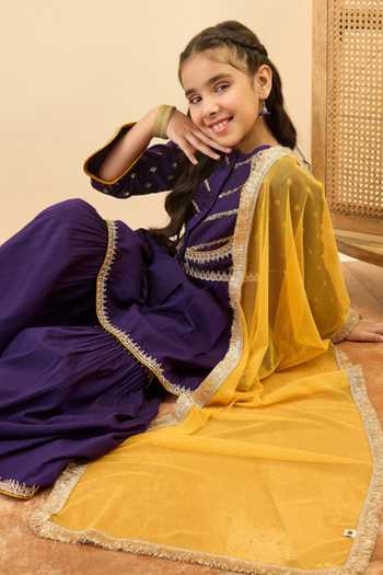 StyloBug Purple Polyester, Net Embroidered Flared Kurta Sharara Set at Aza Fashions StyloBug_Purple Polyester, Net Embroidered Flared Kurta Sharara Set _at_Aza_Fashions