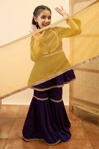 Buy StyloBug Purple Polyester, Net Embroidered Flared Kurta Sharara Set Buy_StyloBug_Purple Polyester, Net Embroidered Flared Kurta Sharara Set