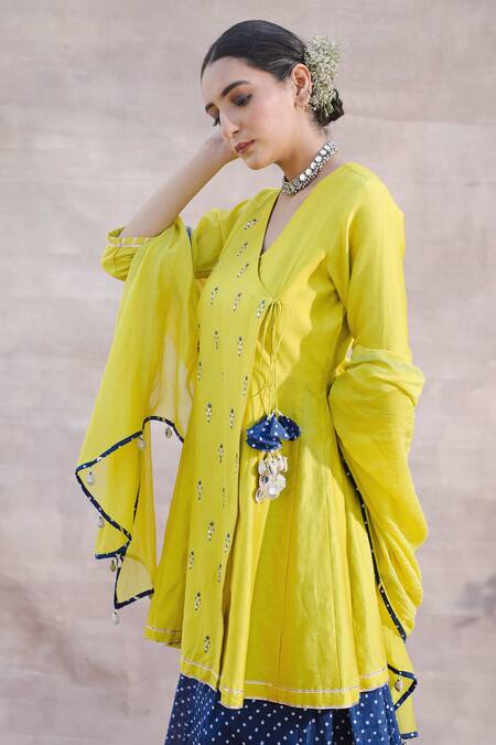 Label Mansi Nagdev Green Chanderi Silk Embroidery, Mirrors V-neck Afsheen Angrakha Sharara Set at Aza Fashions Label Mansi Nagdev_Green Chanderi Silk Embroidery, Mirrors V-neck Afsheen Angrakha Sharara Set _at_Aza_Fashions