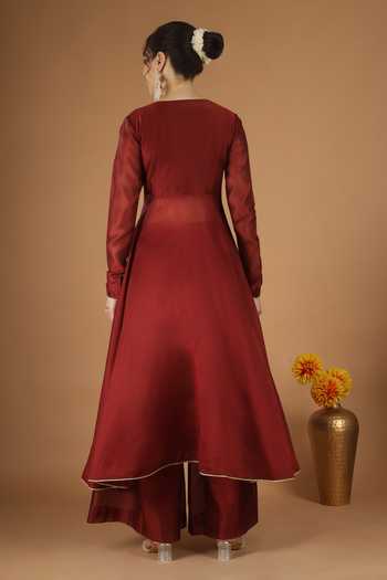 Buy_Vinusto_Maroon Chanderi V-neck Placement Embroidered Anarkali Set 