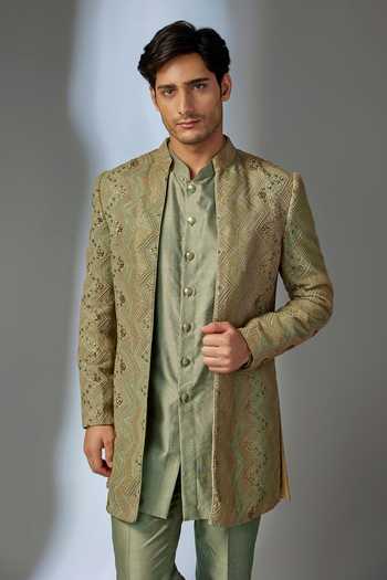 Buy Salil Bhatia Gold Georgette, Silk, Chanderi Sequins Embellished Sherwani Set Online at Aza Fashions Buy_Salil Bhatia_Gold Georgette, Silk, Chanderi Sequins Embellished Sherwani Set _Online_at_Aza_Fashions