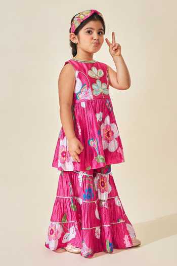 Shop Joey & Pooh Pink Cotton, Chanderi Rumi Printed Top And Sharara Set Online at Aza Fashions Shop_Joey & Pooh_Pink Cotton, Chanderi Rumi Printed Top And Sharara Set _Online_at_Aza_Fashions