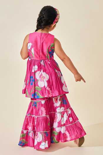 Shop Joey & Pooh Pink Cotton, Chanderi Rumi Printed Top And Sharara Set at Aza Fashions Shop_Joey & Pooh_Pink Cotton, Chanderi Rumi Printed Top And Sharara Set _at_Aza_Fashions