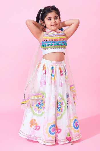 Buy_Joey & Pooh_White Cotton, Chanderi Mae Printed Lehenga Set _Online_at_Aza_Fashions