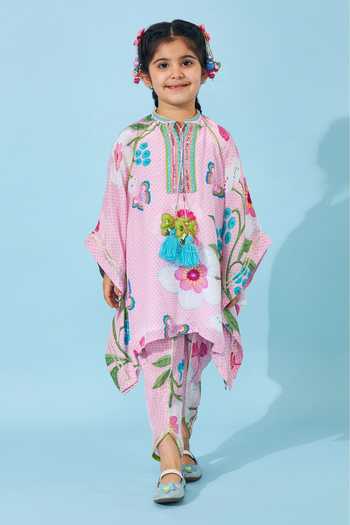 Joey & Pooh Pink Crepe Raya Printed Kaftan And Pant Set Online at Aza Fashions Joey & Pooh_Pink Crepe Raya Printed Kaftan And Pant Set _Online_at_Aza_Fashions