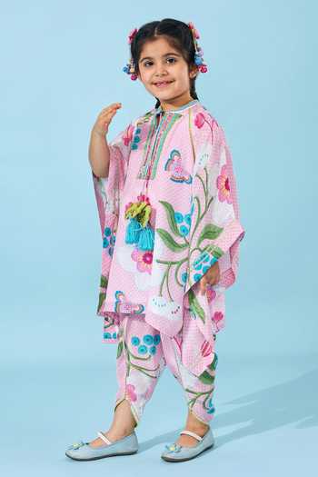Joey & Pooh Pink Crepe Raya Printed Kaftan And Pant Set at Aza Fashions Joey & Pooh_Pink Crepe Raya Printed Kaftan And Pant Set _at_Aza_Fashions