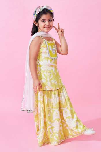 Buy_Joey & Pooh_Yellow Cotton, Satin, Modal, Voile Printed Kurta Set _Online_at_Aza_Fashions