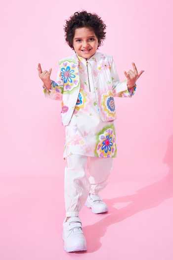 Shop Joey & Pooh White Cotton, Chanderi, Viscose Embroidery Mae Printed Bundi And Kurta Set Online at Aza Fashions Shop_Joey & Pooh_White Cotton, Chanderi, Viscose Embroidery Mae Printed Bundi And Kurta Set _Online_at_Aza_Fashions